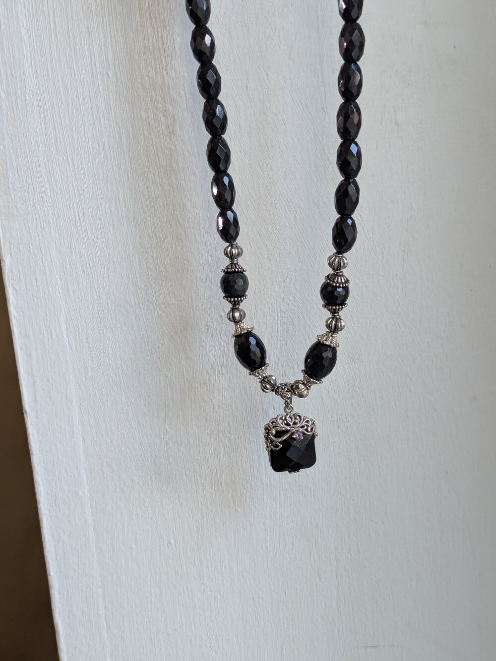 Whimsigoth Black Bead Necklace with Silver Accents Vintage